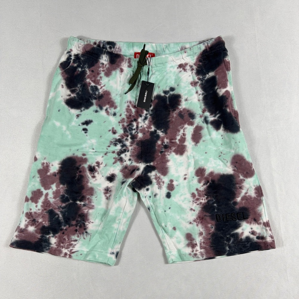 NWT Diesel Tie Dye Cotton Sweat Shorts Logo Embroidered Drawstring Large Mint